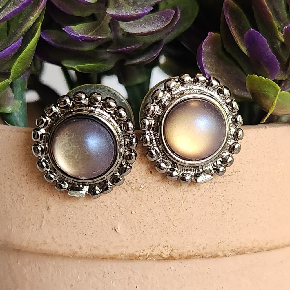 Vintage Style Iridescent Moonstone Halo Stud Earrings Gunmetal Beaded Round 0.5"